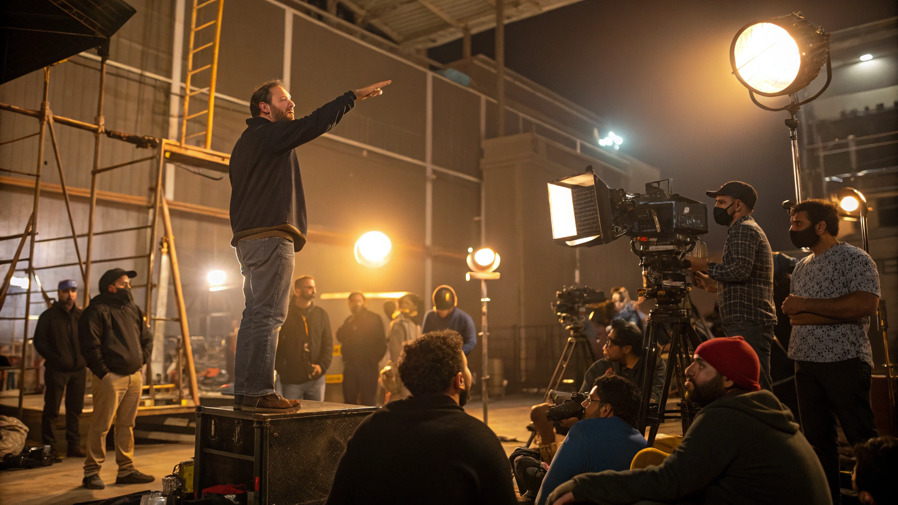 Candid rehearsal moment between director and actor on soundstage