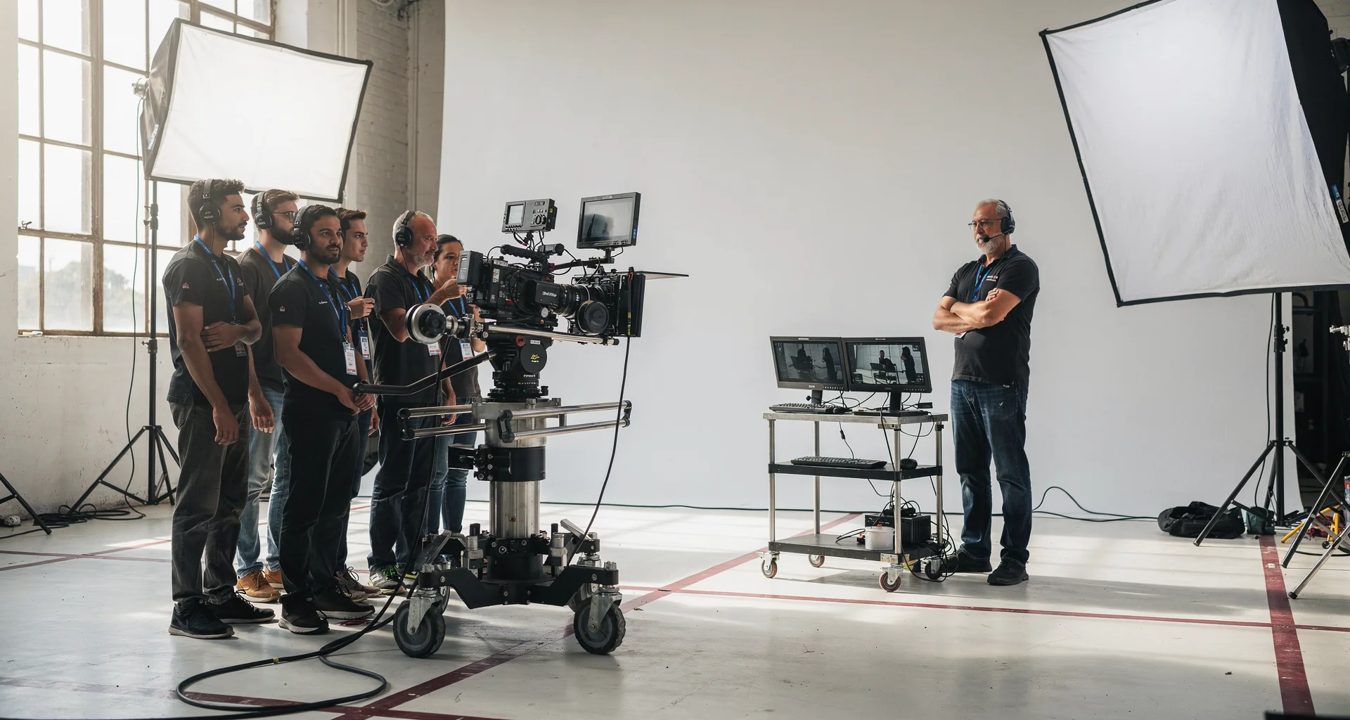 Camera dolly team executing tracking shot in studio