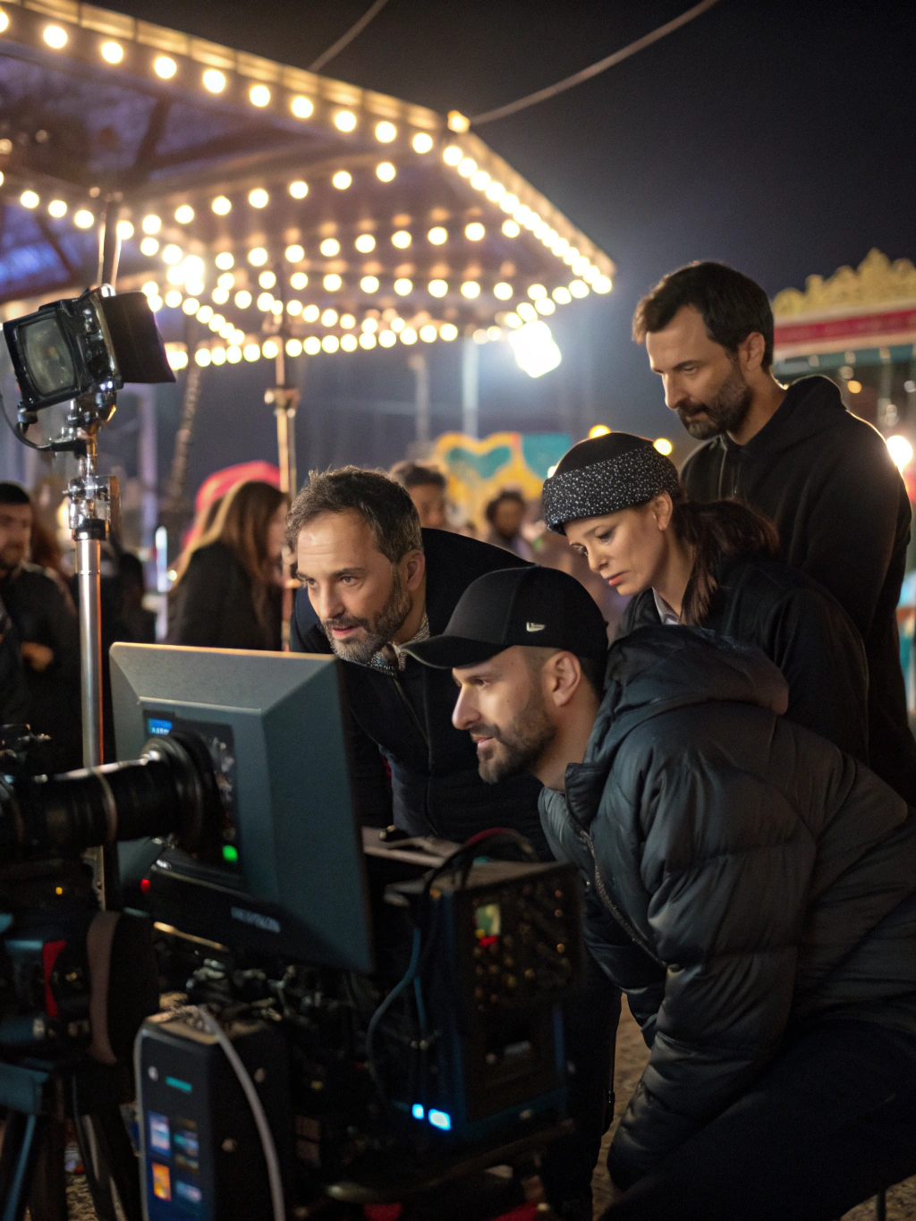 Director Marcus Vance checking playback on set monitor