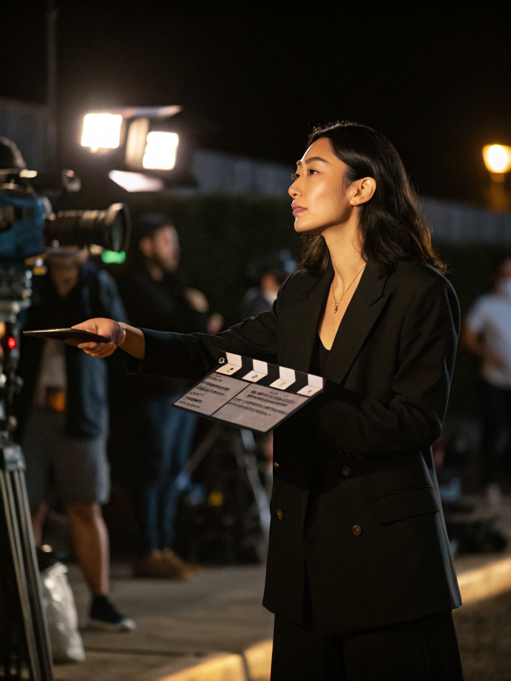 Director Sofia Chen holding cinema shoulder rig