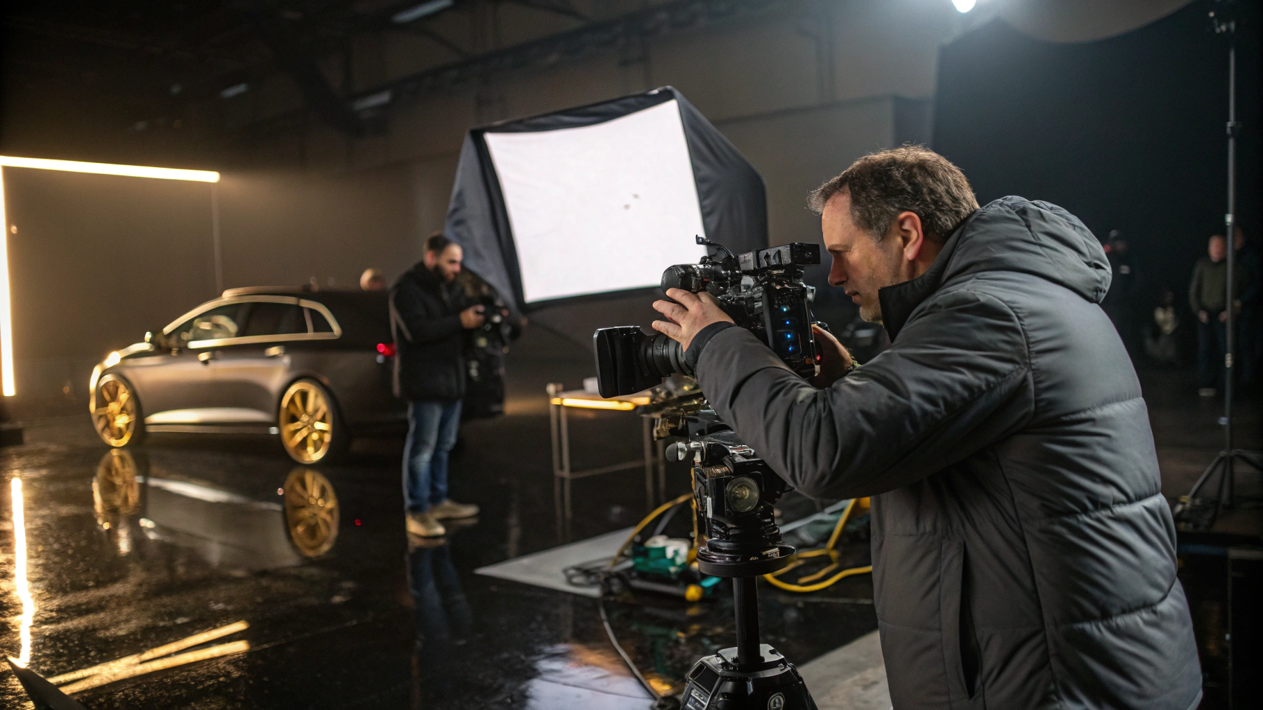 Cinematic commercial production setup with overhead lighting grid