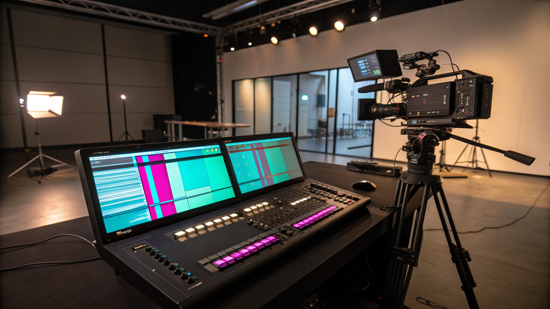 Color grading suite with calibrated monitors and hardware panels